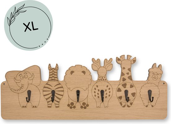 Jooba® Kinderkapstok voor Kinderkamer - 6 Metalen haken - XL - Hout - Dierenkoppen - Wandkapstok - Kapstok met Dieren - Met bevestigingsmateriaal van Jooba