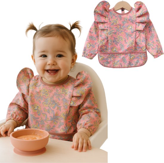 Joya Kids® Slabber Lange Mouwen Roze met Brede Opvangbak | Peuter Kliederschort met Pofmouwen | Verfschort | Schattig Baby Slabbertje Meisje / Schort | Mouwslab | Mouwslabber met Roze Bloemen | Maat M | 12 tot 24 Maanden Oud van Joy