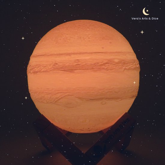 Jupiter Lamp - Vera's Arts & Dice - 16 Verschillende Kleuren - Planeet Lampen - Jupiter Lamp - LED Lamp - Oplaadbaar Dimbaar Stroboscoop Effect Afstandsbediening - 3D Print Handmade - Lampen Sfeerverlichting - Slaapkamer Woonkamer Kinderkamer
