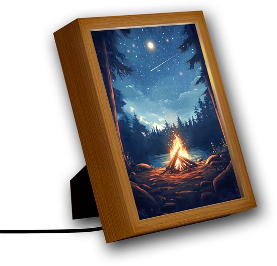 Kampvuur sterrennacht – 22×17 cm – Verlicht kunstwerk – LED licht portret – Dimbaar – Sfeerverlichting van Honingwabe