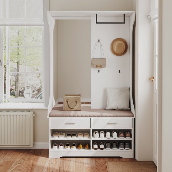 Kapstok met spiegel 104x35x180 cm, halmeubel met schoenenkast en kledingroede, garderobekast met 4 haken en 2 lades, moderne opbergkast wit