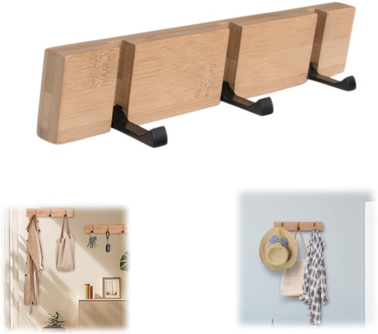 Kapstok - Wandhanger - Haak voor achterdeur - Opbergrek van bamboe en hout - Haken van aluminiumlegering - Met 3 telescopische haken - Geschikt voor het ophangen van hoeden, handtassen, sleutels, kleding (30*5,5*2 cm - Khaki)