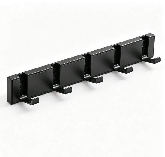Kapstokhaken - Verborgen haken - Hangende kapstok - Metalen kapstokhaken - Muurhaken - Vijf haken, opvouwbaar - 34,2 x 5 x 1,4 cm - Geschikt voor badkamers, hallen, balkons en slaapkamers - Zwart