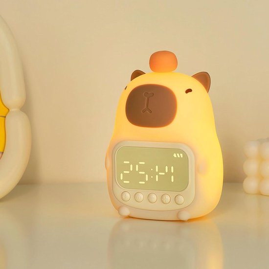 Kapybara Wekker - Nachtlamp Klokje - Kinderen Wakker Maken - Zacht Slaaplicht - 11 x 10 cm - Warm Kleuren