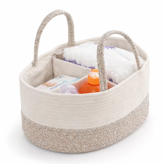 Katoenen Luiermand met Handvatten - Baby Organizer met 3 Vakken - Commode Organizer / Diaper Caddy - Opbergmand Baby - Crème Beige