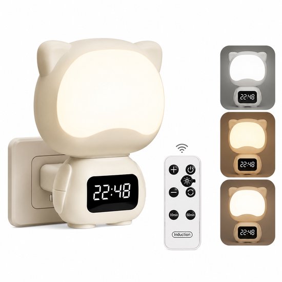 Katten Nachtlamp met Digitale Klok - LED Wandlamp met Afstandsbediening, 3 Lichtkleuren, Dimbaar, 300° Draaibaar, Timerfunctie & Oplaadbare Batterij - Slaapkamerlamp voor Kinderen en Volwassenen