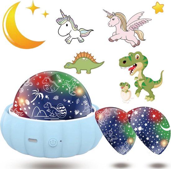 KCVV Nachtlampje-3 en 1 Nachtlampje-Sterrenhemel-Dinosaurus-Eenhoorn-7 kleuren-Nachtlampje kinderen-360° draaibaar-USB-oplaadbaar-Babykamer-blauw van KCVV