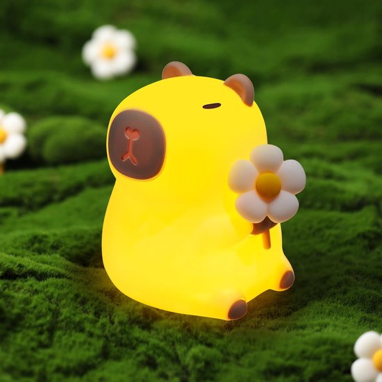 KCVV Nachtlampje Kinderen-Leuk capibara nachtlampje-Nachtlampje- Nachtlampje Aanraken-7 Kleuren-3 Niveaus Dimbaar Licht-Twee bloemen-Wisselbare bloemen-Schattige Capibara van KCVV