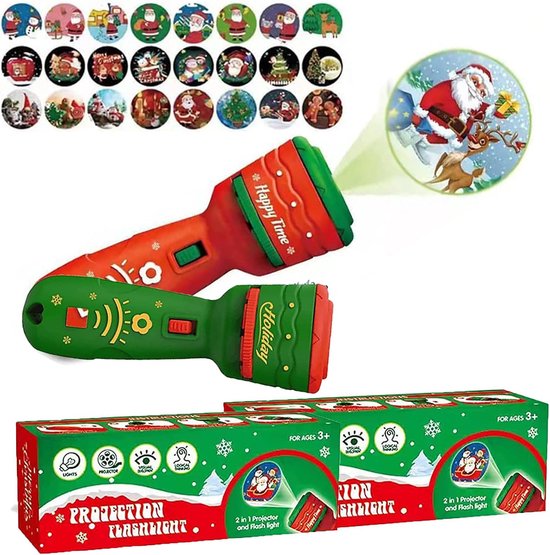 Kerst Projector Zaklamp - Met 3 Slides en 24 Afbeeldingen - Voor Kerstfeest, Goodiebag en Cadeau - Rood en Groen - 2 stuks van Huttutu