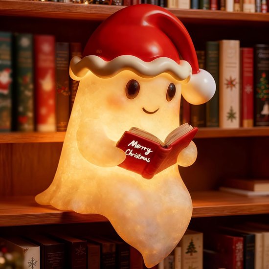 Kerstmis Nachtlampje met Spookbeeldje en Leesboek, Schattige Geest Lamp voor Tafel en Boekenplank, Decoratieve Kerstverlichting voor Huis, Bureau en Kast, Origineel Cadeau voor Kerstliefhebbers