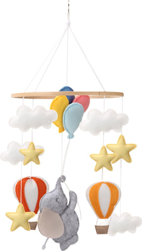 Kersvers - Box mobiel - olifant knuffel - luchtballon - mobiel baby jongen en meisje - Olifant speelgoed - safari - vrolijke kleurtjes - Vilten mobiel - Wieg - Babykamer - zonder muziekarm - olifant knuffel - slapen baby