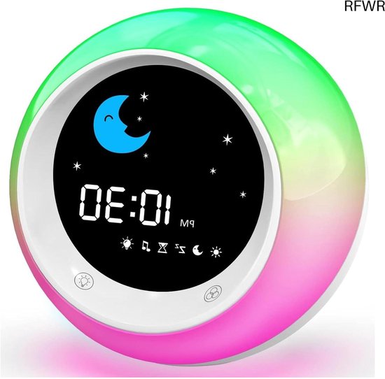 Kids Alarm Clock, Sleep Training Clock with Sun & Moon, Sleep Sound Machine, Timer Night Light, Helps with Kids Sleep Routine Medium Colorful