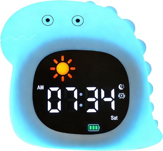 Kids Alarm Clock, Sunrise Alarm Clock with Night Light, LED Display Clock with Sleep Music Soothing Sounds, Snooze Function, 12/24H, 5 Adjustable Brightness for Bedroom, White Dinosaur