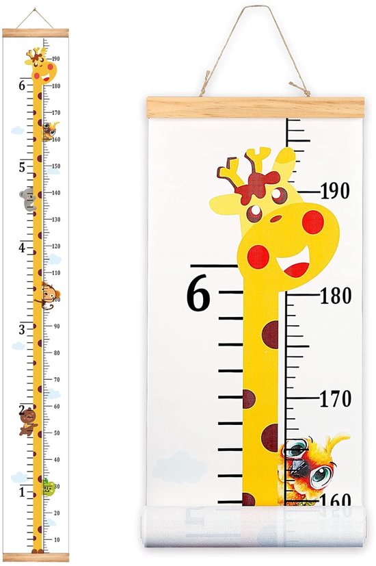 Kinder groeimeter - Groeimeter voor kinderen - Groeimeter Babykamer - Meetmeter voor kinderen - Ophangbaar & verwijderbaar - Nauwkeurige lengtemeter - Houten frame, stoffen canvas - van baby tot volwassene 20 *200cm - Giraffe