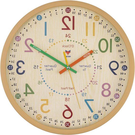 Kinder Leerklok - Wandklok Tijd Leren - Kinderen Tijd Leren - Stille Beweging - 30 cm - Multicolor