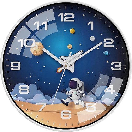 Kinder Muurklok 12 Inch - Stille Niet-Tikkende Kwarts Klok - Decoratieve Ronde Wandklok met Astronaut en Ruimte Thema - Leerklok voor Slaapkamer, Woonkamer, Klaslokaal, Keuken en Kinderkamer van Merkloos