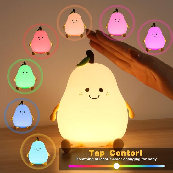 Kinder Nachtlamp - 7 Kleuren Peervormig Siliconen Nachtlamp - Aanraakbediening- USB oplaad en Timingfunctie - Voor Kinder & tafellamp slaapkamer van Merkloos