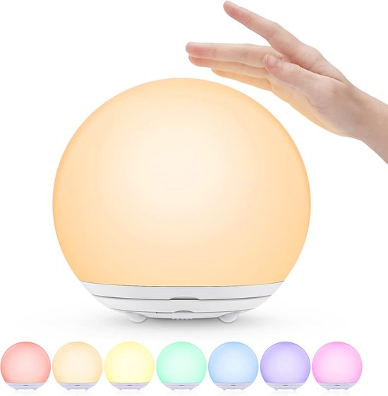Kinder Nachtlamp - Oplaadbare USB Nachtlamp - Aanraking, Dimbaar Warm Wit & 7 Kleuren RGB, Timer - Voor Slaapkamer, Baby, Camping - Cadeau Nachtlamp -Ideaal Cadeau - Wit - 1 Stuk van Ailyon