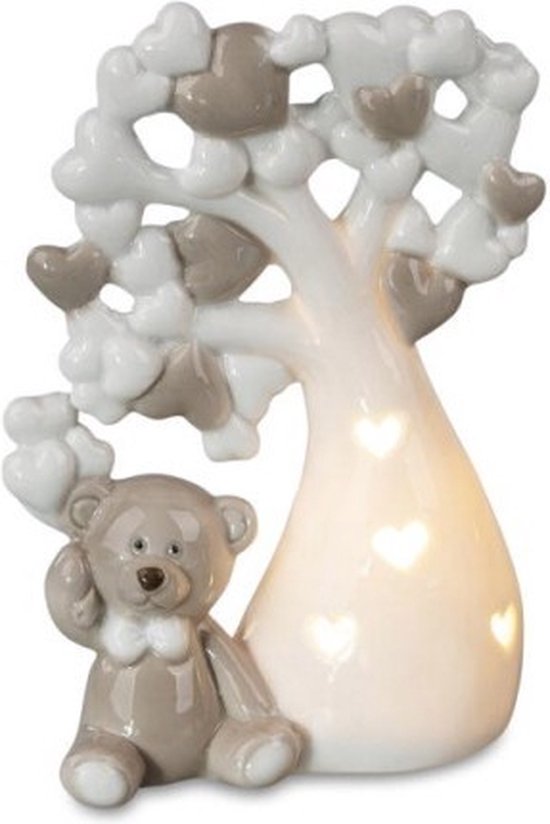 Kinder nachtlampje beer met boom klein - geglazuurd ceramiek met led en timer -1.5 v batterij 14 cm hoog van Lucide