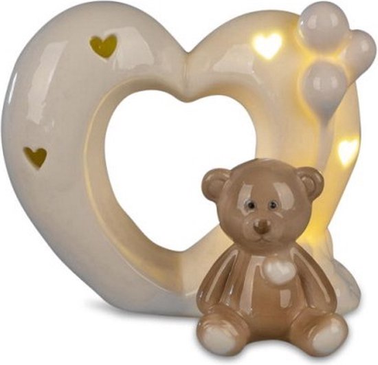 Kinder nachtlampje beer met hart geglazuurd ceramiek met led -1.5 v batterij 11 cm hoog van MiniMatter