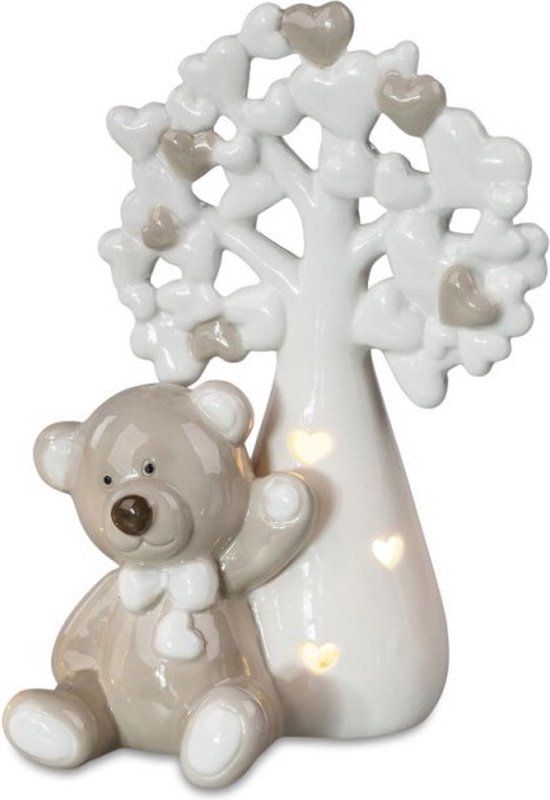 Kinder nachtlampje beer met hartjesboom- geglazuurd ceramiek met led en timer -1.5 v batterij 19 cm hoog van Merkloos