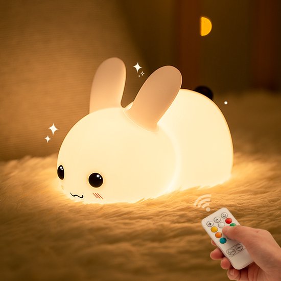 Kinder Nachtlampje | Konijn | Timer | Veilig voor Kinderen | Nachtlampje Baby | Zacht Siliconen | Dimbaar | Afstandsbediening | Draadloos | Babykamer Verlichting | USB Oplaadbaar | LED | Slaaphulp Kind | Bedlampje | Kindvriendelijk | Dier | Duurzaam van Mimiy