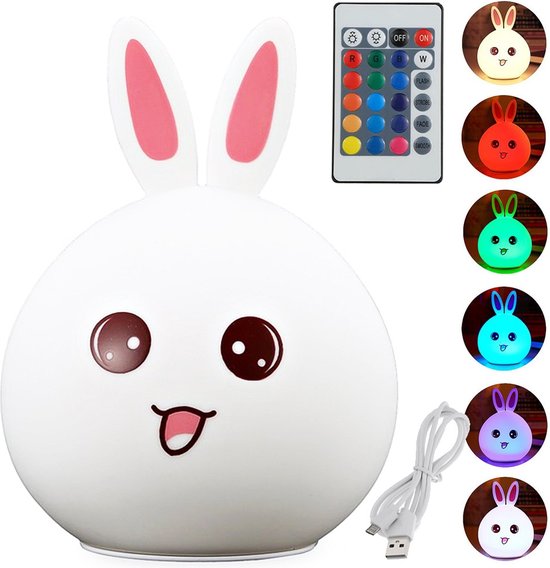Kinder nachtlampje | Timer | veilig voor kinderen | USB oplaadbaar | LED | Konijn | RGB kleuren| Dimbaar | Babykamer verlichting van MOJAWA