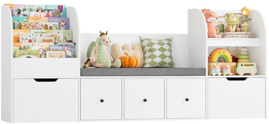 Kinder Opbergkast met Boekenplank - Voor Speelkamer en Kinderkamer - Speelgoed Organizer met Bank en Lades - Houtlook met Stoffen Opbergboxen