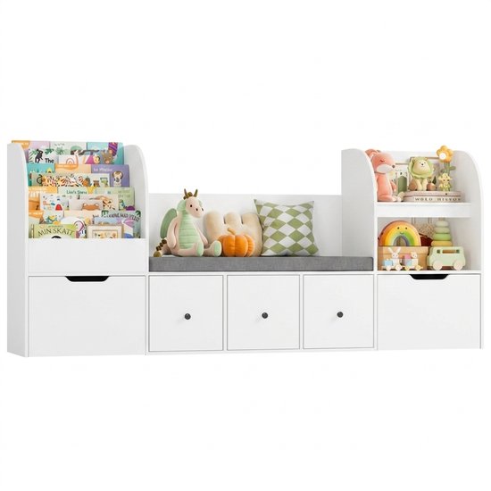 Kinder Opbergkast met Boekenplank - Voor Speelkamer en Kinderkamer - Speelgoed Organizer met Bank en Lades - Houtlook met Stoffen Opbergboxen van Popalino®