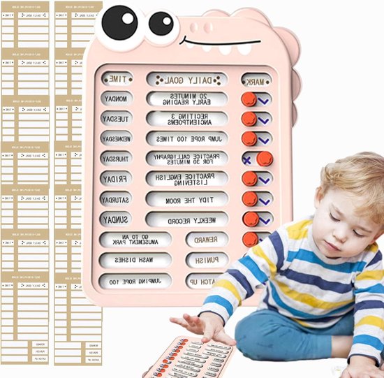 Kinder Routinetabel - Dagelijkse Checklist - Goede Gewoontes Leren - Herbruikbare Schuifregelaar - 23 x 17 cm - Roze