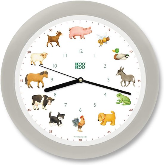 Kinder Wandklok - Educatieve Klok - Tijd Leren - 12 Dierengeluiden - 34x34x5 cm - Zijdegrijs van Merkloos