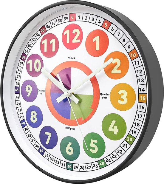 Kinder Wandklok - Leertijd Klok - Kinderen Leren Klokkijken - Lichtgevende Wijzers - 30cm Diameter - Grijs