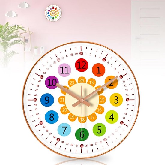 Kinder Wandklok - Stille Klok - Leren Klokkijken - Geen Tikkend Geluid - 20cm Diameter - Kleurrijk