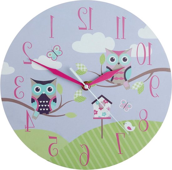 Kinder Wandklok - Uil decoratie - Kamer aankleden - Stille wijzers - 25 cm - Paars