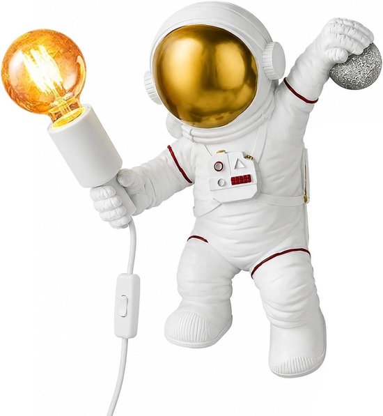 Kinder Wandlamp - Nachtlampje Astronaut - Kinderslaapkamer Verlichten - Met Stekker en Snoer - 32 cm Hoog - Wit
