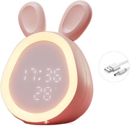 Kinder Wekker Konijn - Slaaptrainer Klok - Slaap Trainen - Smart Touch Sensing - 100 x 100 mm - Roze
