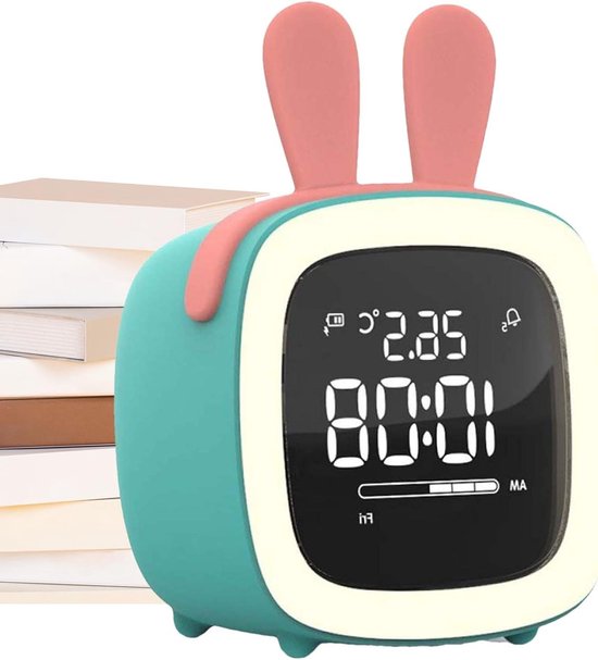 Kinder Wekker - Nachtlampje Klok - Tijd Leren - Cartoon Design - Compact Formaat - Blauw