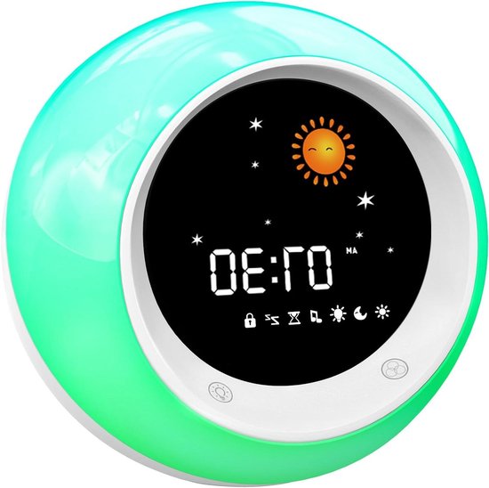 Kinder Wekker - Slaaptrainer Nachtlamp - Kinderen Leren Tijd - Zon Maan Pictogrammen - 11 cm - Wit