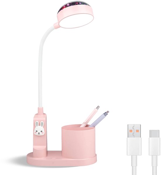 Kinderbureaulamp - LED-leeslamp - Met pennenhouder en projectorfunctie - USB-oplaadbaar - Oogvriendelijke bureaulamp voor kinderen - ABS-materiaal - Nachtlampje voor naast het bed - Roze