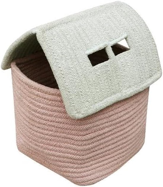 Kinderen mand - Opbergmand huisje - Speelgoed opbergen - Handgemaakt katoen - 22 x 34 cm - Roze