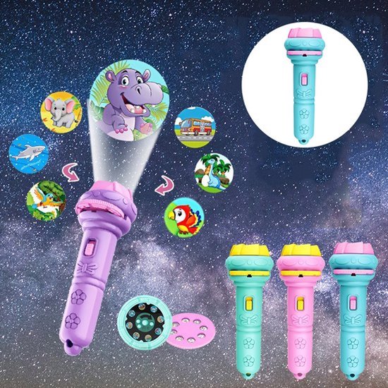 Kinderen Projector Zaklamp met 10 Dia’s - Educatief Speelgoed, Nachtlampje, Mini Beamer voor Peuters, Interactief Cadeau, Multifunctioneel Lichtspeelgoed - Blauw van Merkloos