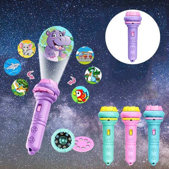 Kinderen Projector Zaklamp met 10 Dia’s - Educatief Speelgoed, Nachtlampje, Mini Beamer voor Peuters, Interactief Cadeau, Multifunctioneel Lichtspeelgoed - Paars van Merkloos
