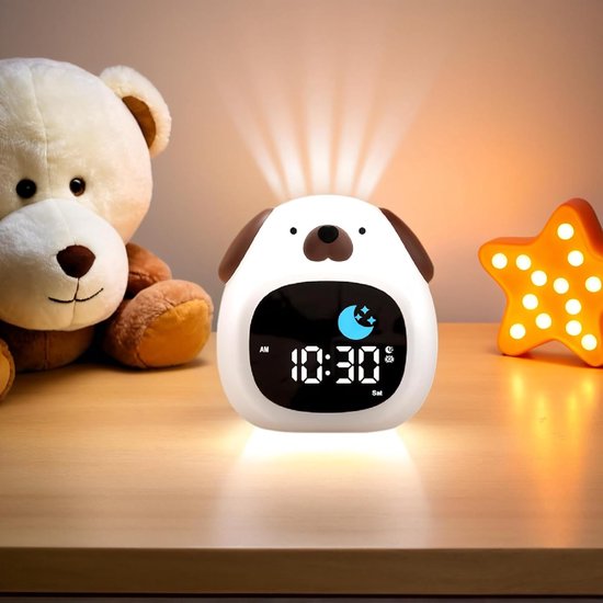 Kinderen Wekker Nachtlampje met 9 Lichtkleuren en 6 Witte-ruisgeluiden – Digitale Slaapleerklok – Instelbare Helderheid en Geluid – Cadeau voor Jongens en Meisjes – Puppy