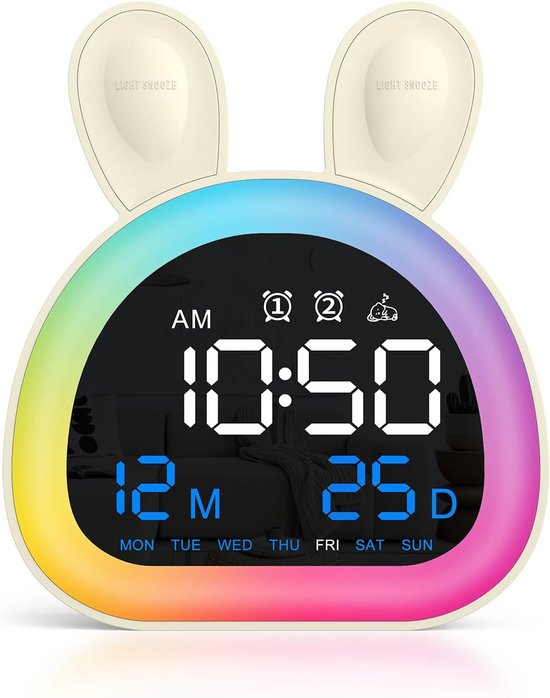 Kinderen Wekker, OK om Klok Voor Kinderen Met Touch Control Wakker, Bluetooth Tijd Sync, 9-kleur Nachtlampje, 6 Rustgevende Geluiden, Dual Alarm, Kinderen Wekker Leuke Konijn Cadeaus voor Meisjes