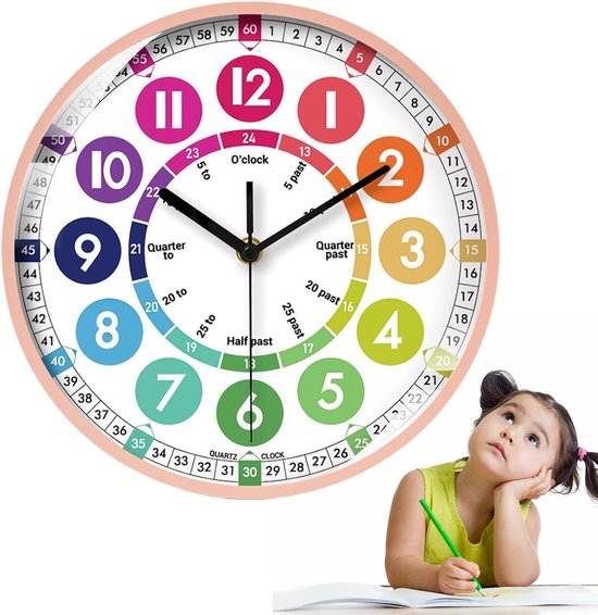 Kinderhorloge Leren - Wandklok Kinderen - Tijd Leren - Stil Ontwerp - 25 cm - Roze