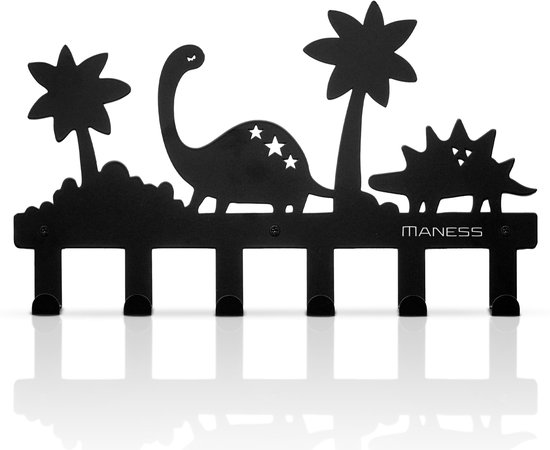 Kinderkapstok - Dino - Babykamer - 42cm - 6 haken – design - Inclusief bevestigingsmateriaal – Wandkapstok - Babykameraccessoires - Kinderkamer haakjes - Zwart - Modern