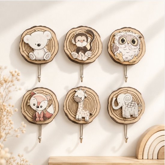 kinderkapstok - kapstok haakjes - kinder kamer kapstok - babykamer kapstok - wandkapstok - handdoekhaakjes -zelfklevend-dieren - hout - 6 haken van Qirex