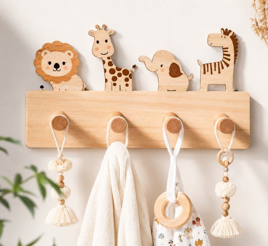 kinderkapstok - kapstok - kinder kamer kapstok - baby kamer kapstok - wandkapstok - safari dieren - hout - 4 haken van Qirex