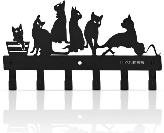 Kinderkapstok - katten - Kinderkapstok haakjes - Babykamer Kapstokken - 42cm - 6 haken – design Kapstokken - Inclusief bevestigingsmateriaal – Wandkapstok - Babykameraccessoires - Kinderkamer haakjes - Zwart - Modern van Maness