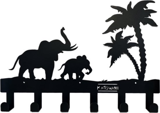Kinderkapstok Olifant - haakjes - Babykamer Kapstokken - babykamer - 6 haken – design Kapstokken - Inclusief bevestigingsmateriaal – Wandkapstok - Babykameraccessoires - Kinderkamer haakjes - Zwart - Modern van Kidswall